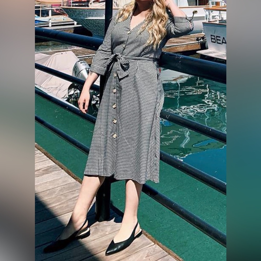 Gingham Button-Front Midi Dress in Black & White